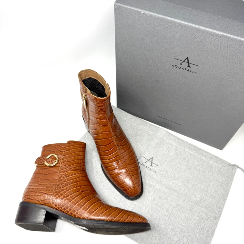 Aquatalia Fara Croc-Embossed Weatherproof Leather Ankle Boots Cognac - Picture 4 of 15